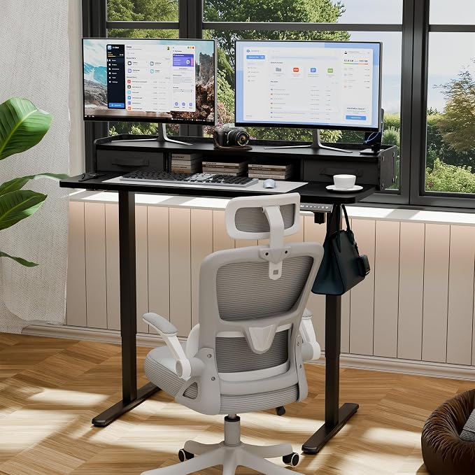 YESHOMY 48" x 23" Electric Standing Desk with 2 Drawers, Height Adjustable Computer Desk, Low Noise Home Office Stand Up Desk with 2 Preset Heights & 2 Hooks, Black