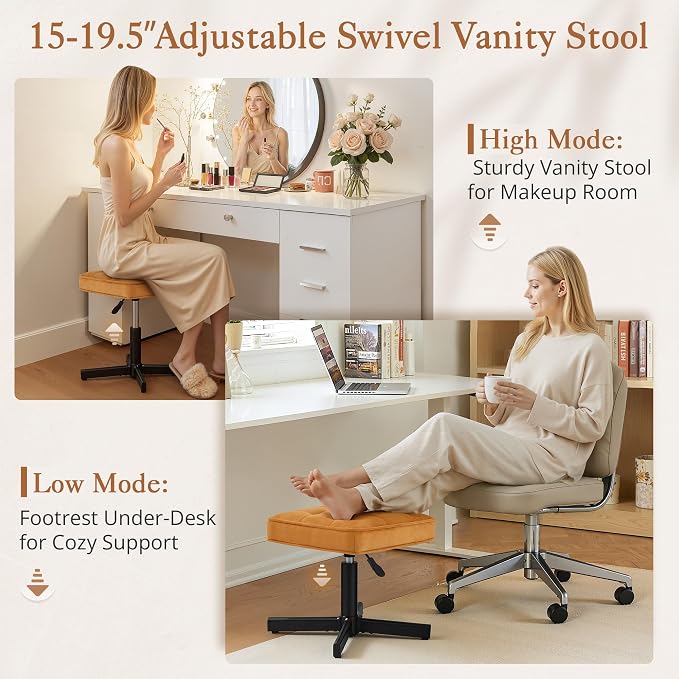 LUE BONA Adjustable Vanity Stool, 15''-19.5'' Foot Rest Under Desk, 360° Swivel Vanity Chair for Makeup Room, Ginger Yellow Upholstered Suede Ottoman for Bathroom & Living Room, 300lbs