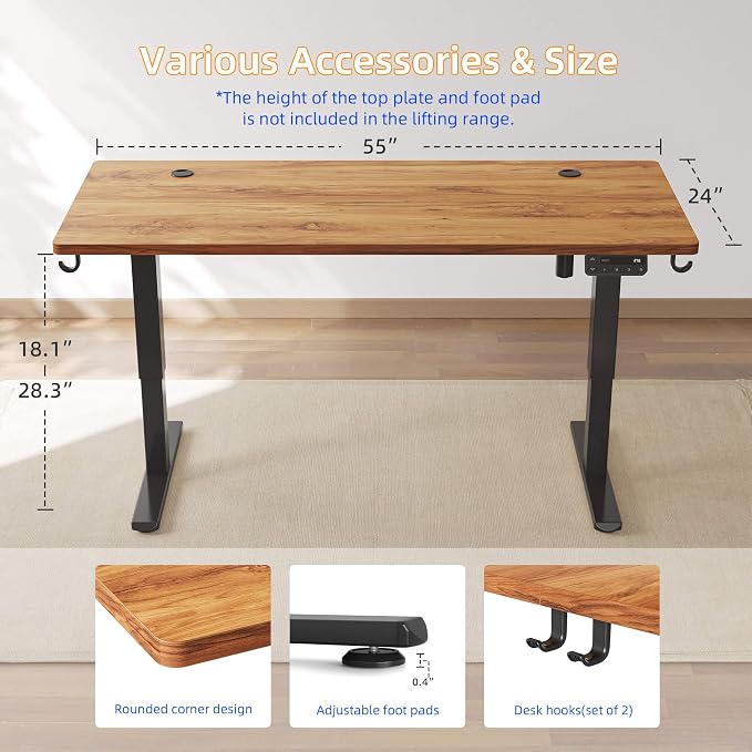 YIHAYO Low Height Adjustable Desk, Lifts 18.1-28.3 Inches, Electric Standing Desk for Short People, 55 x 24 Inches Computer Table with Splice Board for Home Office, Rustic Brown