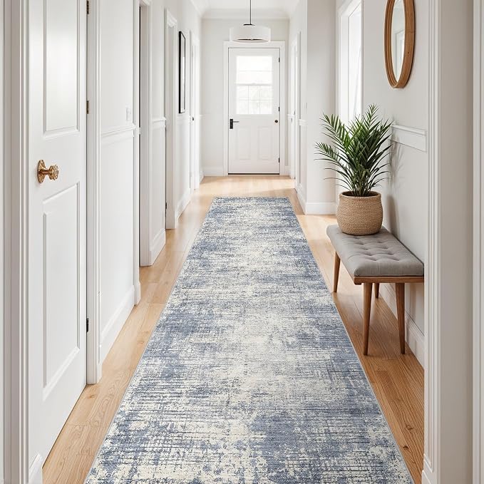 3x12 Hallway Washable Runner Rug - Non-Slip Kitchen Rugs with Rubber Backing Abstract Neutral Low-Pile Carpet Runners for Laundry Room Home Decor Bedroom Bathroom Entryway (Blue Gray,3x12)