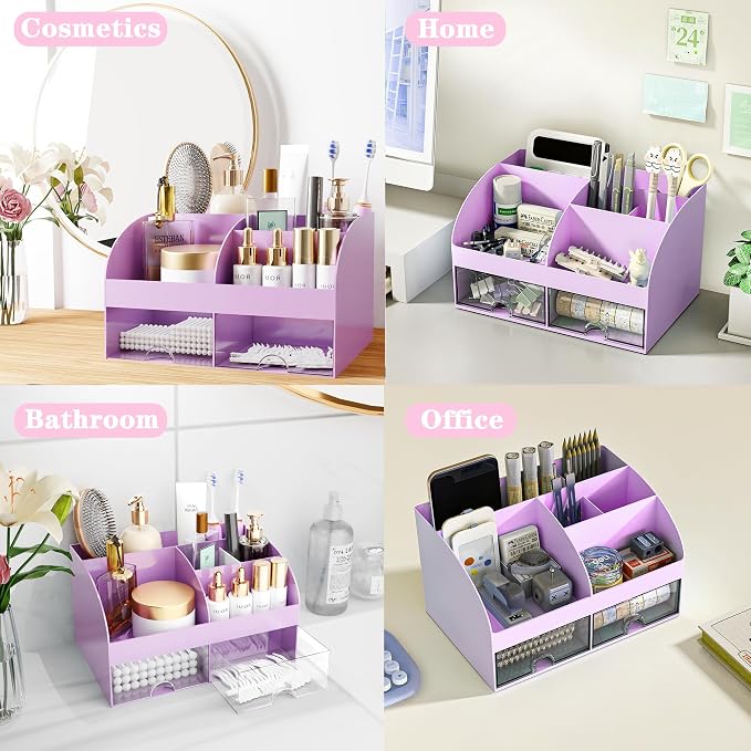 COMFYROOM Desk Accessories with Pen Holder, Office Supplies Desk Organizers and Accessories, Tape Dispenser, Stapler, Staple Remover, Staples, Clips Set, Ruler, Scissor, Pen, Tape (Purple)