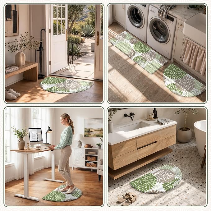 KIMODE Half Circle Anti Fatigue Mats for Kitchen Floor Rug Sets of 2 | 18"x28+18"x47",Sage Green,Dahlia Floral Boho,Kitchen Rug 2pcs,Non Slip,Waterproof,for Sink Office Laundry Bathroom Decor