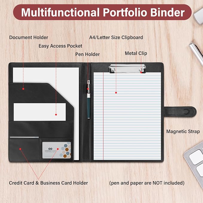 Professional Padfolio,Black Faux Leather Portfolio Binder | Includes clipboard,business card holder and document storage for office,conference,interviews,resume papers and business use