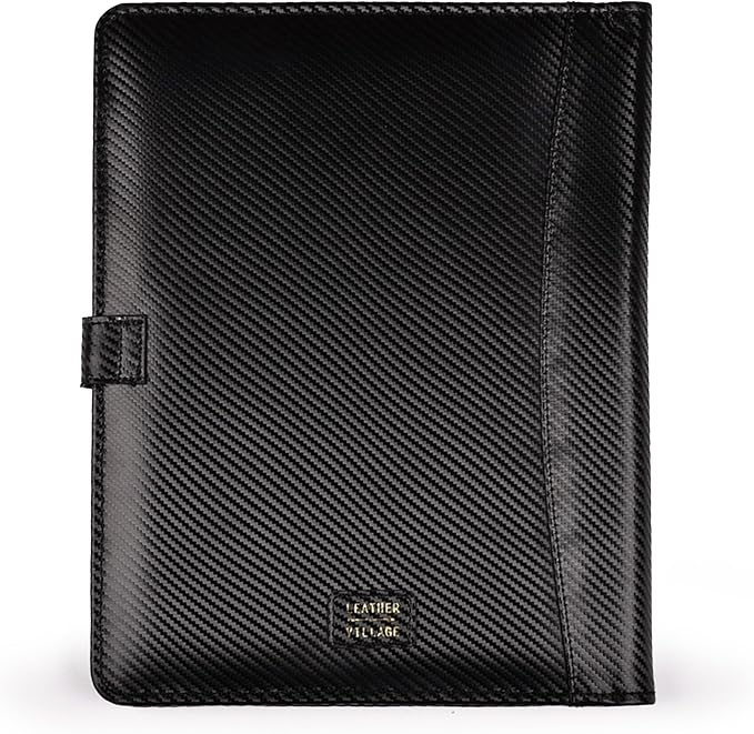 LEATHER VILLAGE Portfolio Professional Organizer – Carbon Fiber Genuine Leather Padfolio Resume Folder for A4 Letter Pad with Pen Holder, Business Card Slots – Ideal for Men & Women - Black