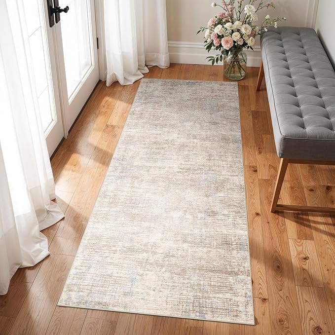 2x6 Hallway Washable Runner Rug - Non-Slip Kitchen Rugs with Rubber Backing Abstract Low-Pile Carpet Runners for Laundry Room Home Decor Bedroom Bathroom Entryway (Ivory Beige Distressed,2x6)