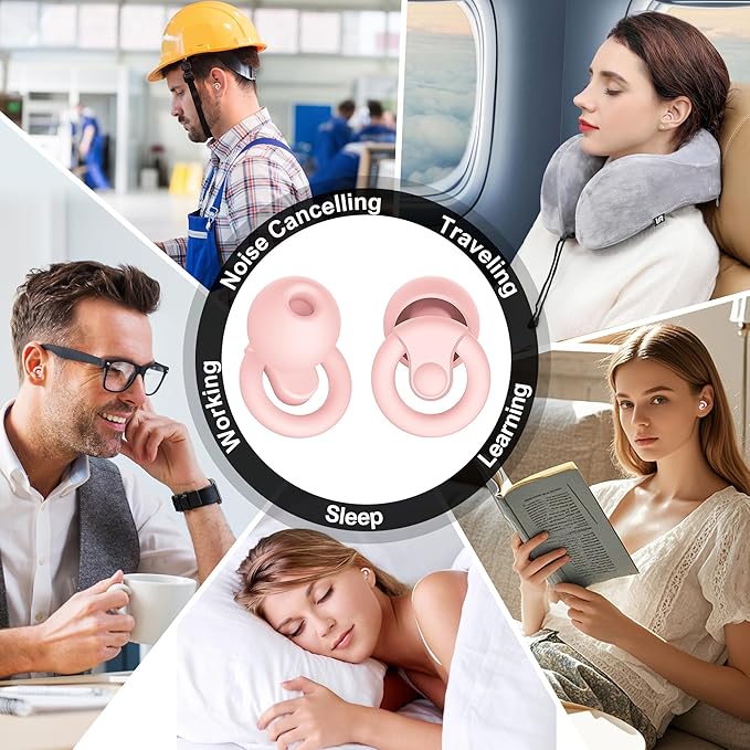 Ear Plugs for Sleeping Noise Cancelling | 2 Pairs Noise Reduction Earplugs for Sleep,Deep Focus,Snoring Blocking,Airplane, 33dB - 38dB Reusable Hearing Protection Silicone & Foam Ear Tips (Pink)