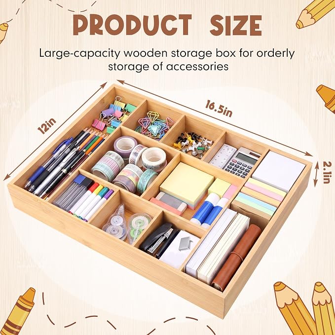 SiliFine 2 Pack Large Bamboo Desk Drawer Organizer, 10 Compartment Organization Tray Junk Drawer Storage Box Multi-use Container Bin for Kitchen, Sewing, Makeup, Office, Bathroom Vanity, 16.5"x12"