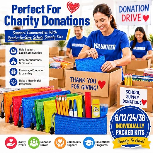 24 Pack Bulk Back to School Supply Kits, Complete Stationery Sets for Charity Donations, Classroom Giveaways, Volunteer Events and Educational Support Programs