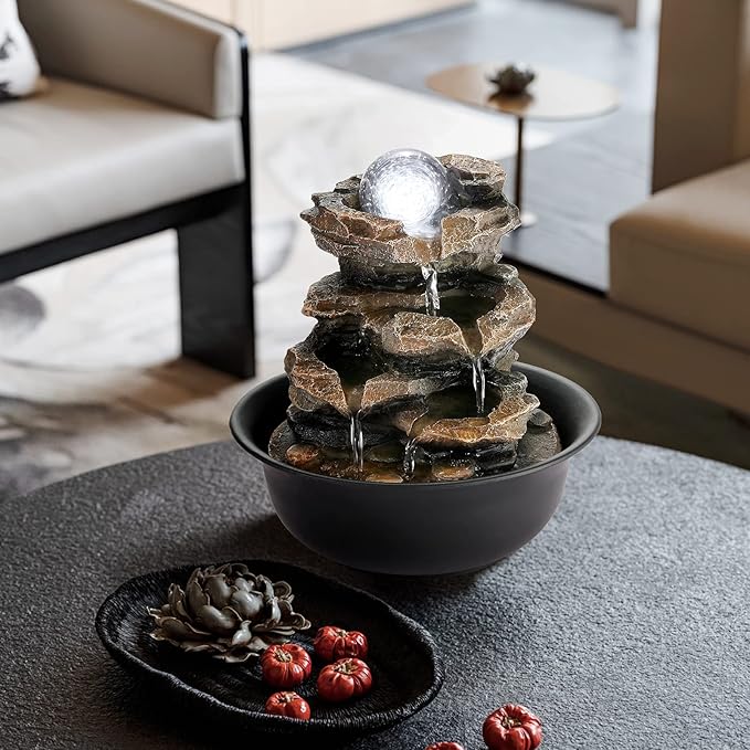 WICHEMI Water Fountains Indoor Waterfall Fountain Tabletop Fountain Water Feature Indoor Stacked Rocks Feng Shui Zen Meditation Relaxation Fountain with LED Light Indoor Spaces Desktop Decor (Style 5)