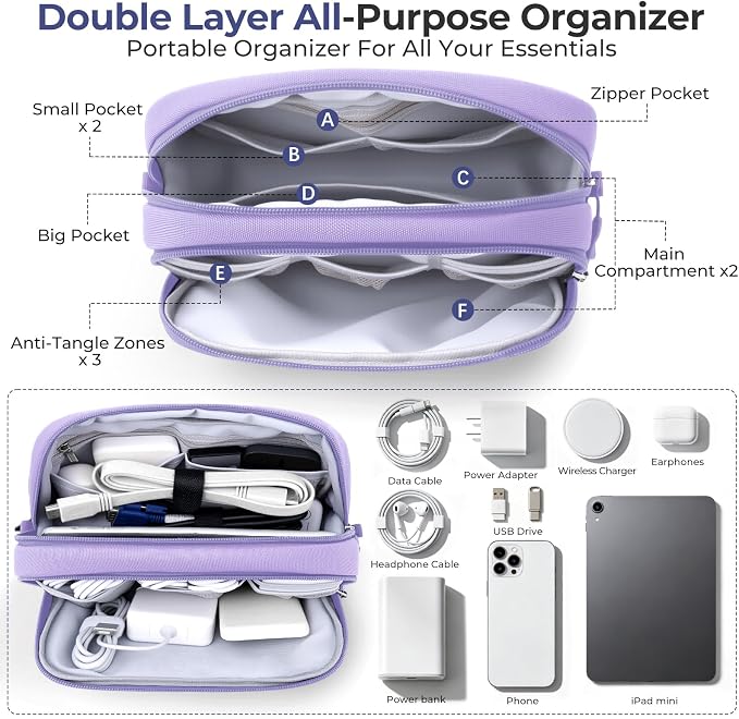 Skycase Travel Cable Organizer - Lightweight Water Resistant Dual-Layer Tech Pouch with Wrist Strap 11 Compartments Electronic Organizer Travel Case for Charger Cord Hard Drive,Large,Purple
