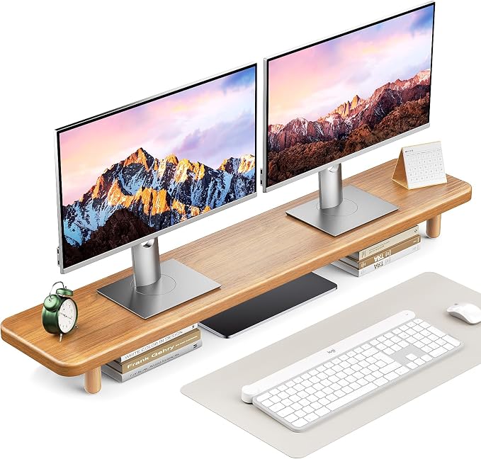 Dual Monitor Stand Riser, 39 Inch Extra Long Wooden Desktop Monitor Riser with Storage for 2 Monitors Ultra Strong Desk Shelf Organizer Riser Ergonomic for 2 Screens/Laptop/PC/TV/Printer (Light Walnut, 39inches)