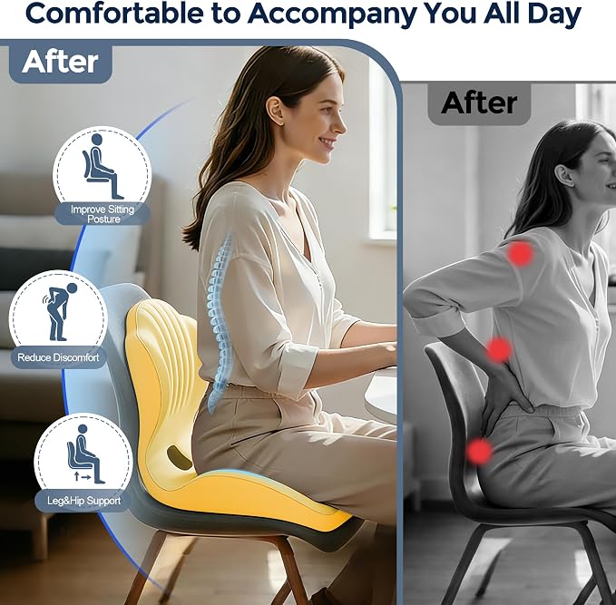 Seat Cushion for Office Chair and Car, L-Shaped Ergonomic Seat Cushions,Memory Foam Orthopedic Cushion with Coccyx Hollow,Lumbar Support & Tailbone Pain Relief for Car, Truck, Home,Gaming Chair,Yellow