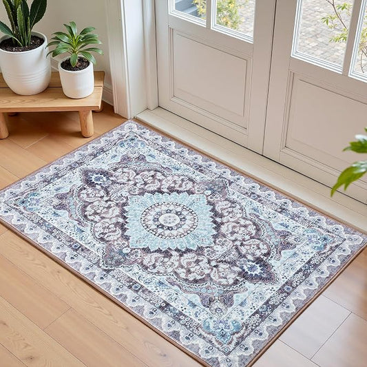 Macgace 2x3 Small Area Rug for Entryway, Soft Washable Rugs with Non-Slip Backing for Bedroom Kitchen, Vintage Throw Carpet Laundry Entry Door Decor, Blue & Brown
