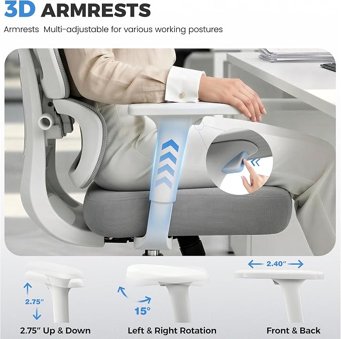 Office Desk Chair, Ergonomic Chairs Comfy with Adjustable Lumbar Support | Zoned Spine Support, Pressure Relief Back Support, Breathable Mesh Computer Chair for Long Workdays, Home Office, Gray