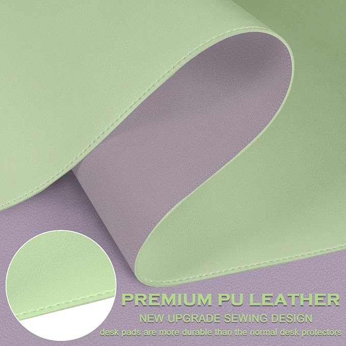 Double-Sided Office Desk Mat, Large Mouse Pad, Waterproof PU Leather Protective Pad, Laptop Desk Pad, Dual Use Cover Protector for Office/Home Keyboard (Matcha+Purple, 31.5''×15.8'')