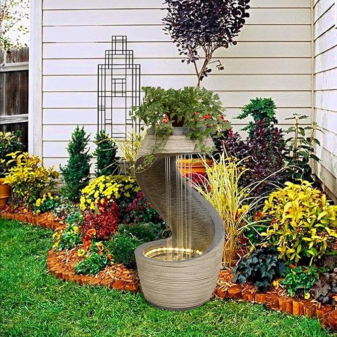 Sunlinua 37" Tall S-Shaped Outdoor Waterfall Fountain – Rainfall Water Fountain for Garden, Patio or Backyard Decor, Floor-Standing Resin Garden Fountains Water Feature with Flat Top for Plant Display