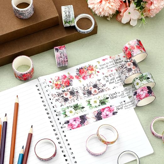 24 Rolls Back to School Christian Washi Tape Gifts Bulk Graduation VBS Religious Scripture Watercolor Flowers Bible Verse Washi Tape for Bible Journaling Crafting Students Study Stationery