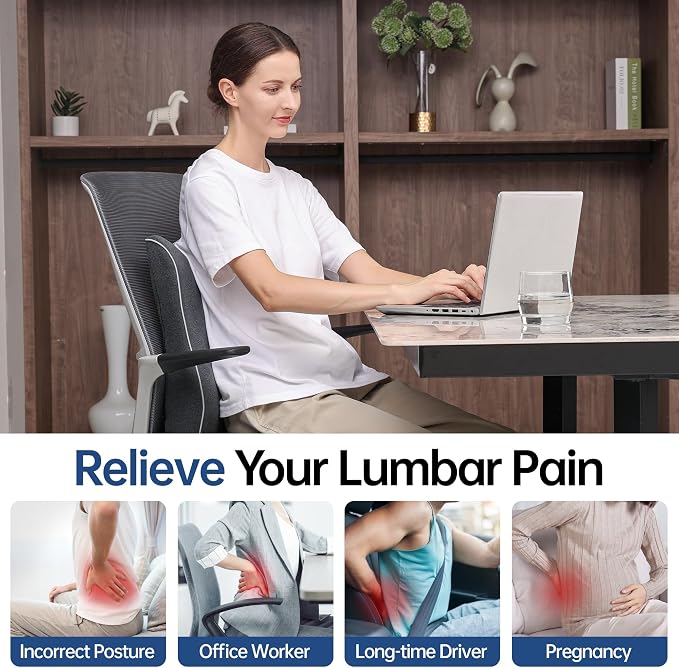 Plush Comfortable Memory Foam Lumbar Support Pillow - Soft Back Cushion for Office Chair, Car Seat, Gaming Chair - Ergonomic Lower Back Pain Relief with Adjustable Straps & Washable Cover-Dark Grey