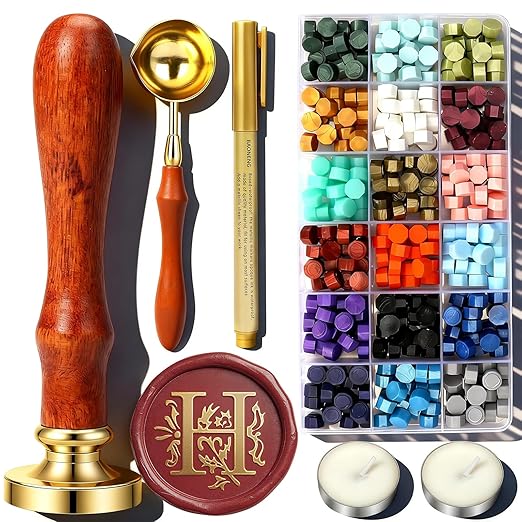 H Wax Seal Stamp Kit, TEKGERLU 360 PCS 18 Colors Wax Beads, Copper H Letter Stamp with Solid Wood Handle, Full Tools for Wedding Invitations, Envelope Sealing