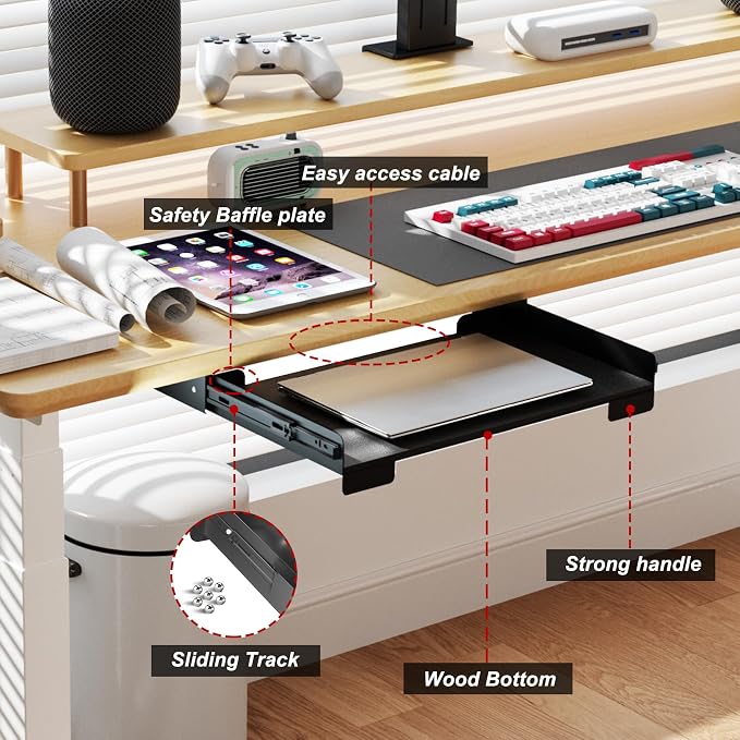 26 Inch Under Desk Mounted Sliding Loptop Drawer, Desktop Extension Pull-Out Laptop Tray for Office Desk, Extra Storage Organizer for Sit Stand Workstation