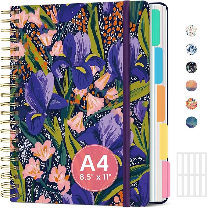 Large Spiral Lined Notebooks for Work with Removable Dividers & Tabs, 8.5"x11" Pretty Hardcover 5 Subject Notebook Journal for Women, College Ruled, Perfect for Study & Office Organization, 280 Pages, Petal Rhythm