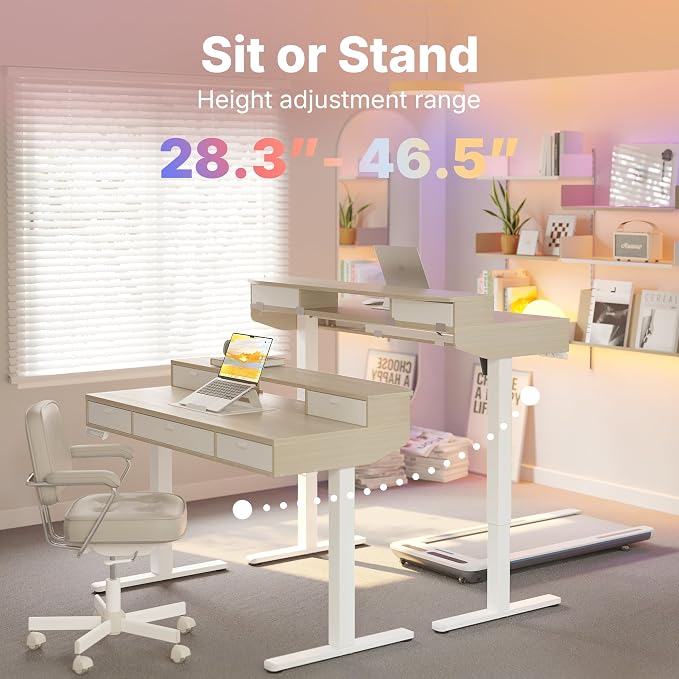 HUANUO 40 X 24 inch Electric Standing Desk with 4 Drawers, Adjustable Height Sit Stand Home Office Desk, C-Clamp Mount Compatible, Ergonomic Stand up Desk with 4 Preset Heights, Natural