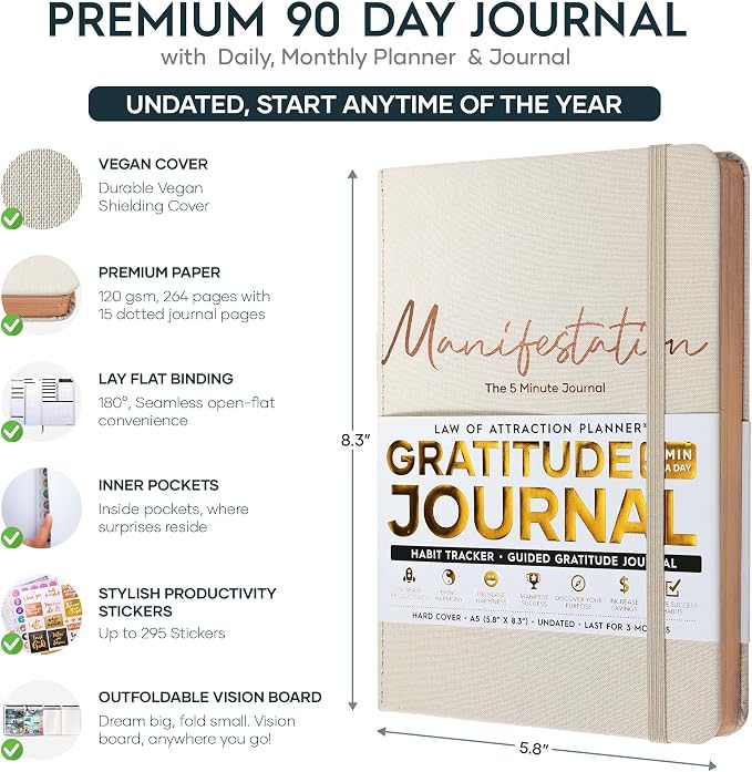 90-Day Goal Planner with Daily Journal, Gratitude & Habit Tracker | Daily Planner, Productivity, Time blocking, Manifestation & Affirmations with Vision Board, Gratitude Journal for Women & Men