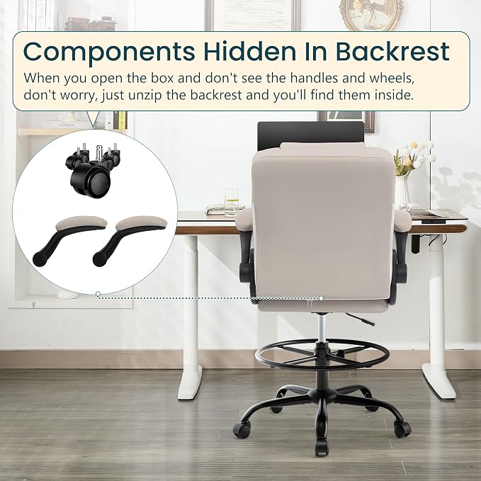 Drafting Chair 500Lbs, Tall Office Chair for Standing Desk, High PU Leather Executive Office Chair with Flip-up Armrests, Ergonomic High Chair with Adjustable Foot Ring, Comfy Stool Chairs, Beige