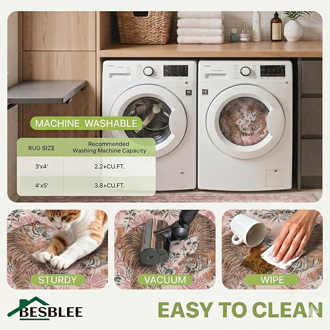 48"x60" Office Chair Mat for Hardwood Tile Floor, Under Desk Carpet Protector for Rolling Computer Chair Mat, Machine Washable Area Rug, Anti-Slip 1/5" Thick Low Pile Thin Vinyl Floor Mat, Pink Tiger
