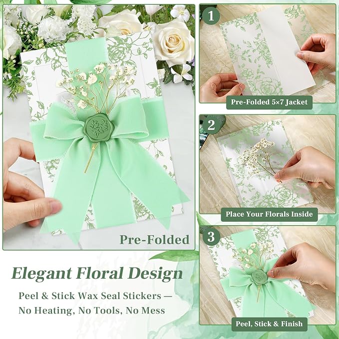 Wedding Invitation Accessories Kit, Pre-Folded Vellum Jackets for 5×7 Invitations with Wax Seal Stickers, Ribbon & Dried Flowers, Elegant Wedding Invitation Accessories for DIY Bridal Invites (Green-Rose, 50)