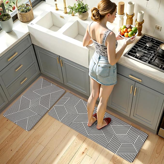 KIMODE Anti Fatigue Kitchen Mats, Padded Kitchen Floor Mats 17"x47"+17"x29" | Geometric Kitchen Rugs Sets of 2, Black White Rugs for Kitchen Floor, Cushioned Standing Mat for Laundry Office Sink Desk