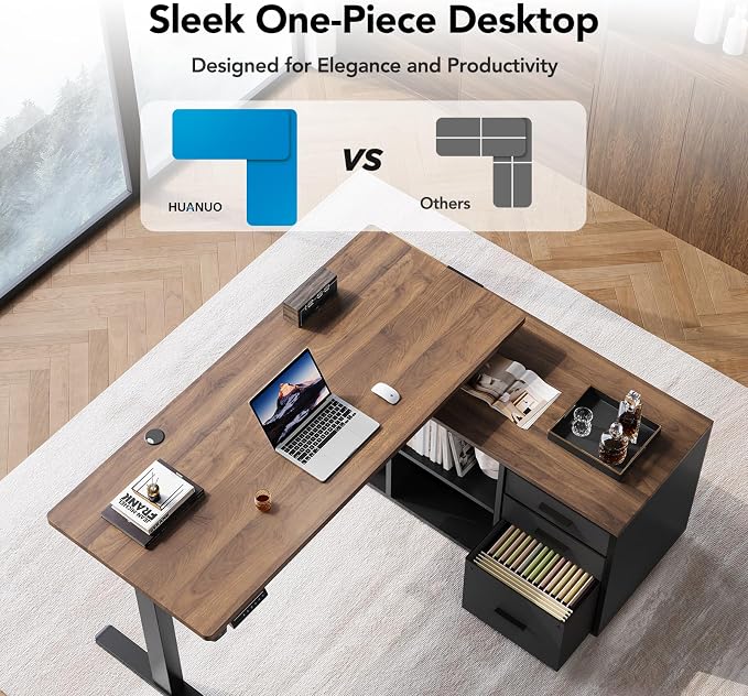 HUANUO 55 Inch L Shaped Standing Desk with Drawers, Electric Executive Desk with File Cabinet Sets, Adjustable Height Stand Up Desk, Home Office Computer Desk with 4 Memory Presets, Walnut