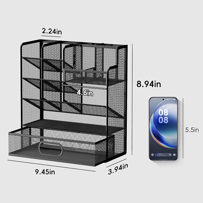 Mesh Pen Organizer for Desk, 13 Compartments with Drawer, Black | Metal mesh pencil holder and desk organizer with tilted slots for easy access to stationery at home, school or office