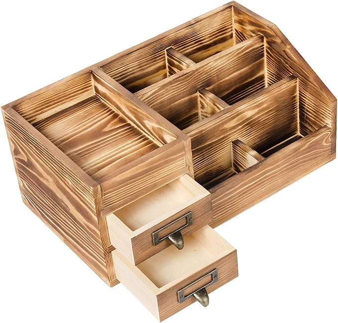Liry Products Rustic Wooden Desktop Organizer Office Supplies Brown Tabletop Storage Cabinet Stepped Rack Multiple Compartments 2 Tier Drawers Makeup Accessory Jewelry Sorter Display Box Home Office