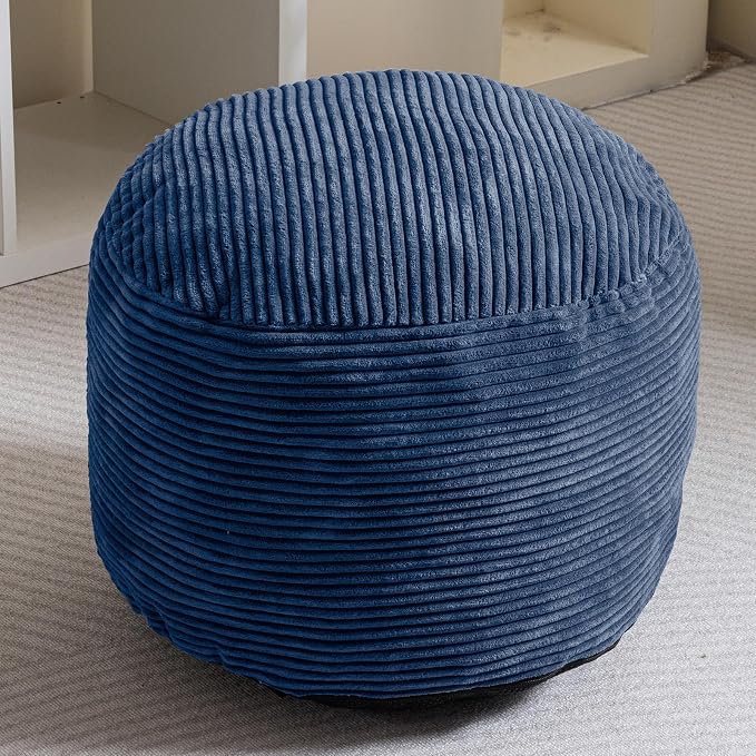 HIGOGOGO Round Stuffed Pouf Ottoman, Corduroy Poufs with Foam Chunk Filling, Furry and Fluffy Pouf Foot Stool Storage Ottoman, 20 X 15 Floor Poufs Foot Rest for Living Room, Bluestone