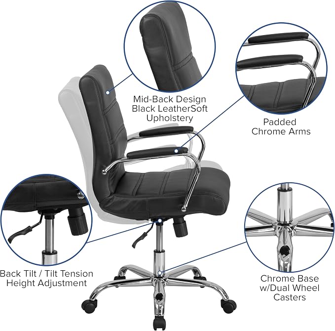 Flash Furniture Whitney Mid-Back Swivel LeatherSoft Desk Chair with Padded Seat and Armrests, Adjustable Height Padded Office Chair, Black