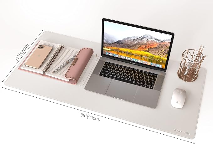 RENMTURE Dual-Sided Mouse Pad, Natural Cork & PU Leather Large Desk Pad for Office and Home Work, Desk Protector Non-Slip, Waterproof, Easy Clean (White, 36"x17")