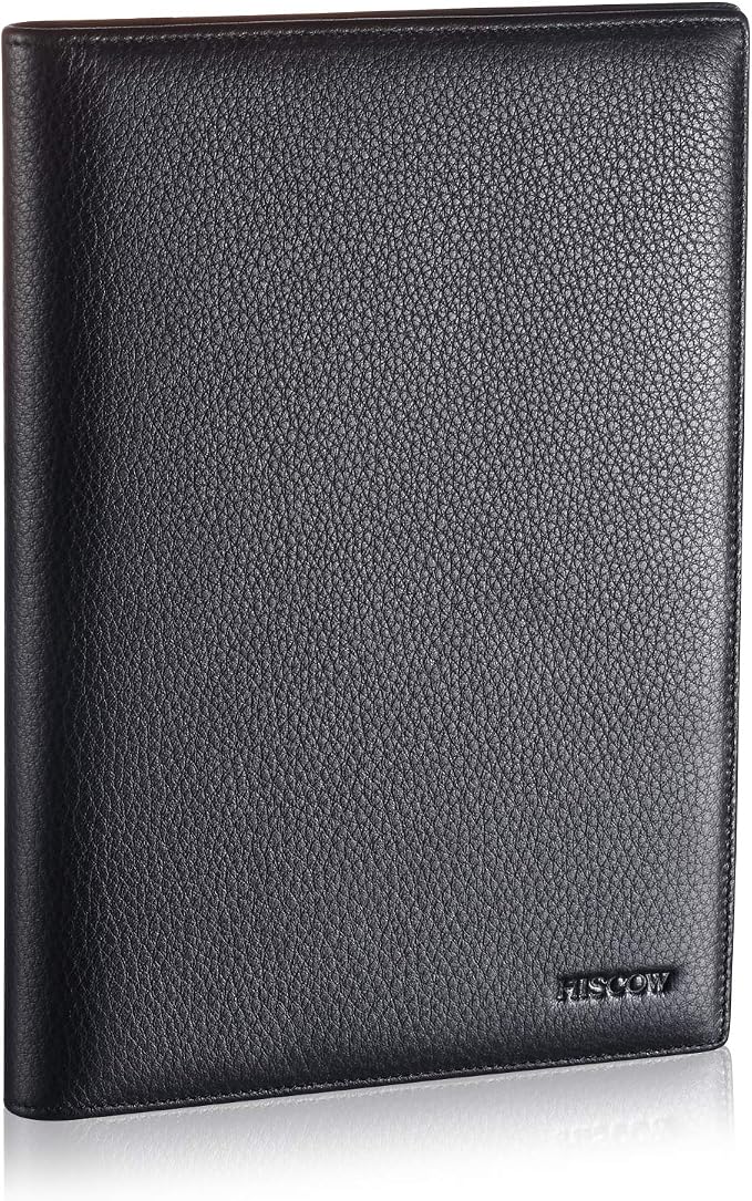 HISCOW Slim Leather Junior Padfolio, 5x8 Notepad Cover, Pebbled Black | Full-grain tumbled cowhide, top-loading legal pad holder, rigid pen loop, quick-access card slot, zipperless boardroom design
