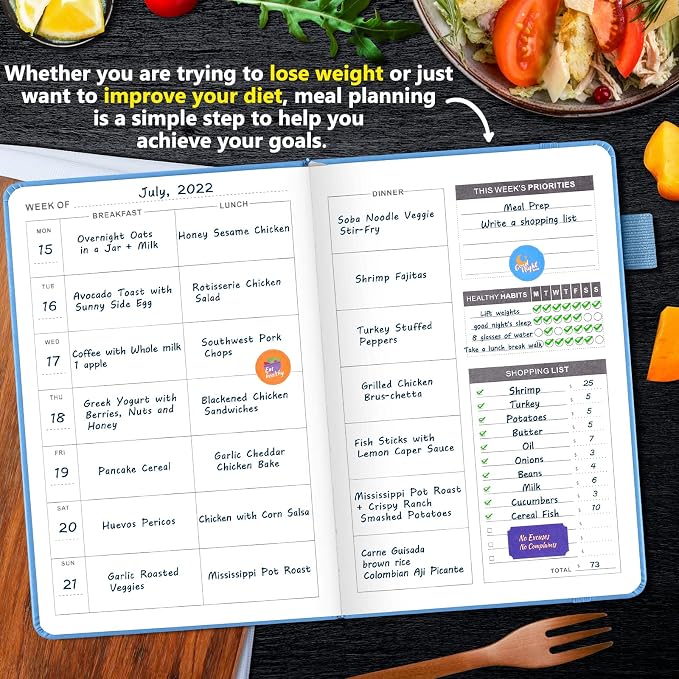 JUBTIC Weekly Meal Planner Notebook, Food Journal Daily Meal Prep Journal with Shopping and Grocery Lists for Food Planning Menu Planning Healthy Diet or Weight Loss Tracking, Undated, A5, Light Blue