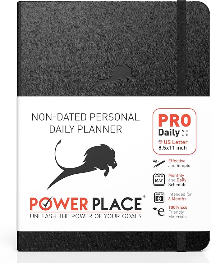 Daily Planner - Professional Life Planner, Calendar & Gratitude Journal to Increase Productivity, Time Management & Happiness - Vegan Leather Softcover, 6 Months, Undated 24 Hour Business Planner