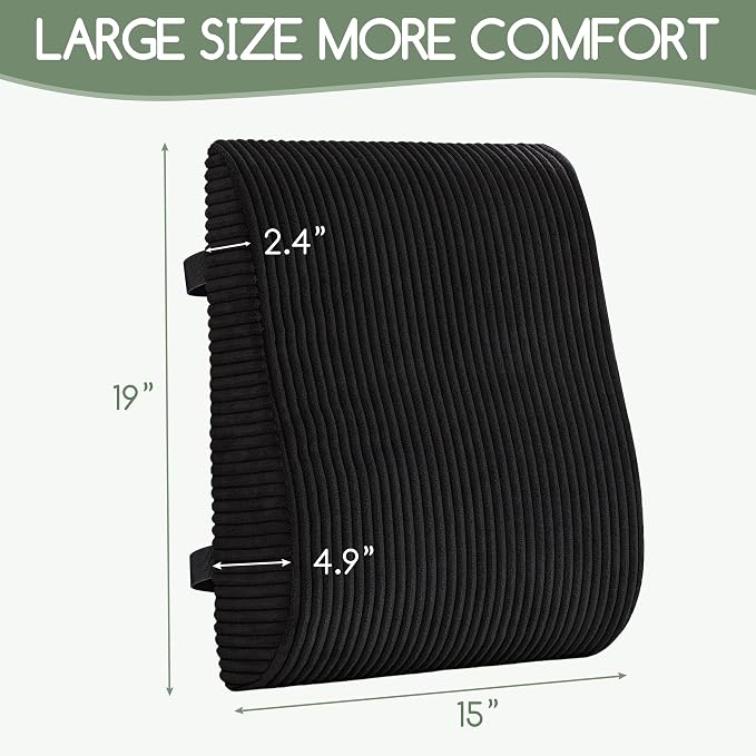 Ergonomic Lumbar Support Pillow for Lower Back Pain Relief, Corduroy Cover Back Support Cushion with Adjustable Straps, Large Size Lumbar Pillow for Office, Gaming & Home Essentials, Large, Black