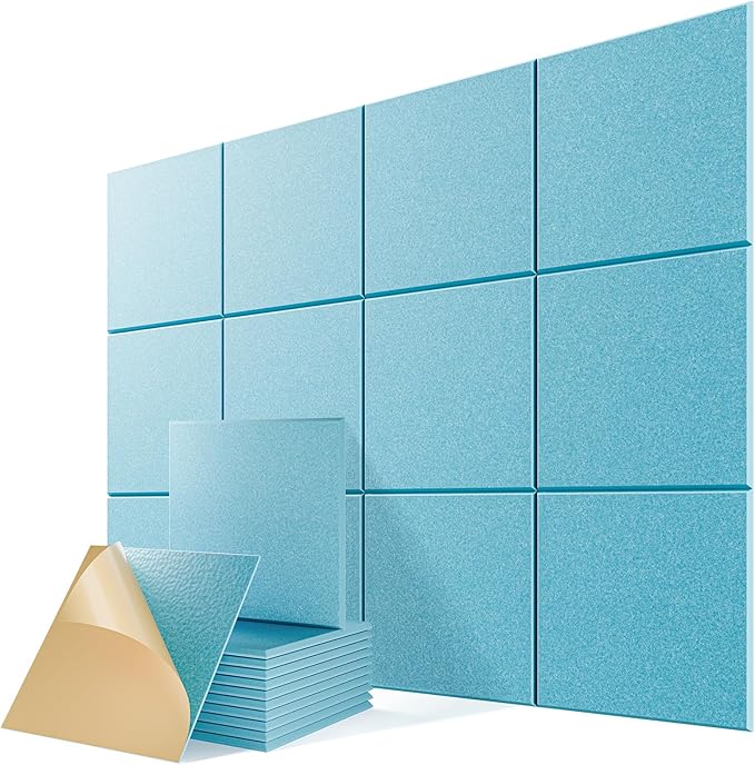 12 Pack Self-Adhesive Acoustic Panels, 12" X 12" X 0.4" High-Density Sound Proof Foam Panels for Walls, Soundproof Wall Panels for Home & Office (Aqua Blue)