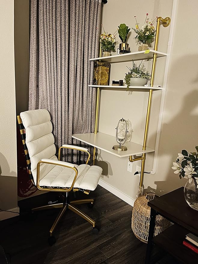 White and Gold Desk, 36" Ladder Desk, Wall Mount Computer Writing Table Pipe Shelf Shelving Mini Narrow Industrial Modern for Small Spaces(36x20x81)