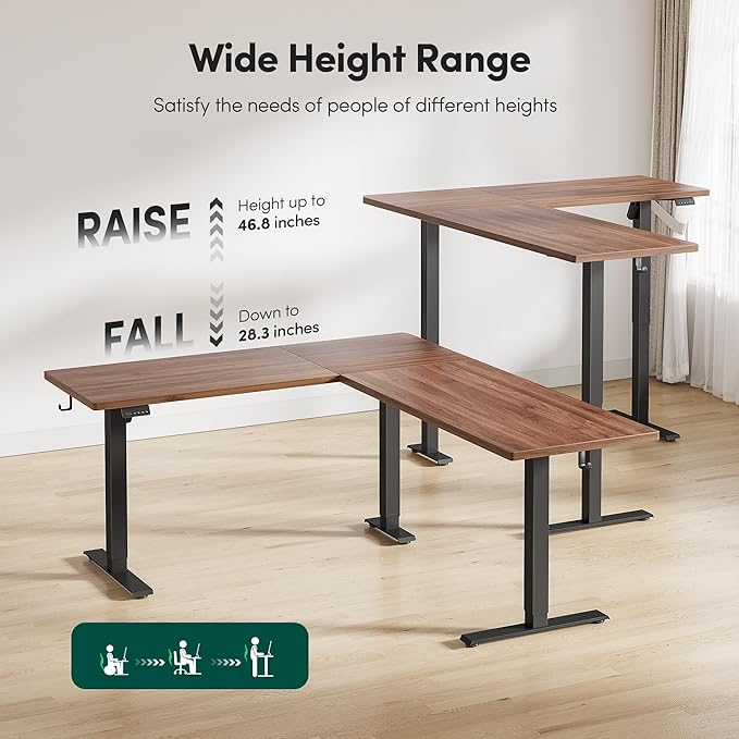 FEZIBO 63" x 55" L Shaped Standing Desk Adjustable Height, Electric Stand up Corner Computer Desk, Sit Stand Home Office Desk with Splice Board, Black Frame/Black Walnut Top