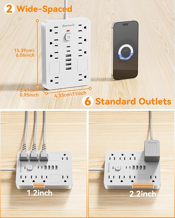 Surge Protector Power Strip - 11 Outlets(1850W/15A/14AWG) with 6 USB Ports(2 USB C), 6/15FT Flat Plug Extension Cord, Wall Mount, Black, ETL Listed for Home, Dorm Room