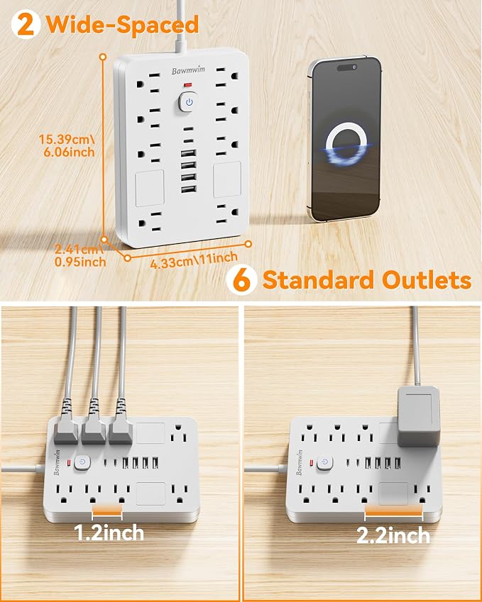 Surge Protector Power Strip - 8 Outlets(1850W/15A/14AWG) with 6 USB Ports（2 USB C, 6FT Flat Plug Extension Cord, Wall Mount Multi Plug Outlet Extender, ETL Listed for Home, Dorm Room, White