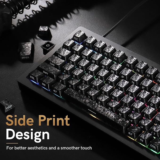 Womier Forged Carbon Fiber Keycaps, Cherry Profile Keyboard Keycaps, Black | 120 Key Side Printed Keycaps Compatible with 61/64/68/84/87/100/104/108 Keys for Mechanical Keyboard