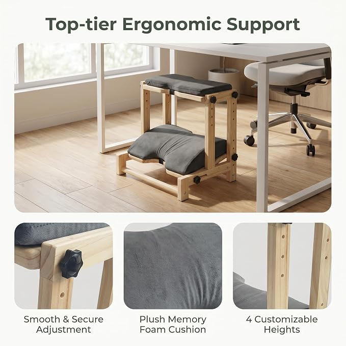 Double Step Foot Rest for Under Desk, Adjustable Wooden Foot Stool with 4 Heights – Ergonomic Desk Foot Rest with Soft Short Flannel Cushion for Office, Home, Gaming & Study – Natural Pine Wood
