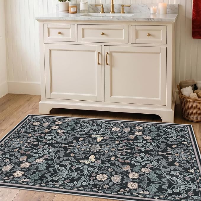 Puino Washable Entryway 3x4 Rug: Small Rugs for Indoor Entrance Vintage Floral Non Slip Backing Door Mat Low Pile Stain Resistant Carpet for Bedroom Kitchen Bathroom Bedside Dark Botanical