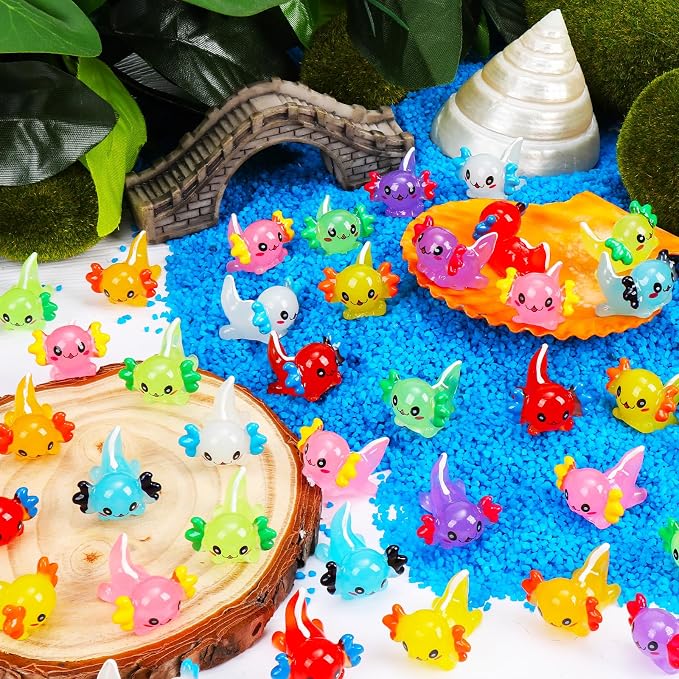 64PCS Luminous Mini Resin Axolotl 8 Colors Glow in The Dark Small Little Resin Axolot to Hide Bulk Miniature Plastic Animal Figures for Micro Landscape Dollhouse Fairy Garden Aquarium Potted DIY Decor